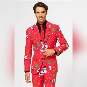 Oppo Suit Red Mens Christmas Suit Snowman Tree Reindeer Holly 3 Piece Suit New